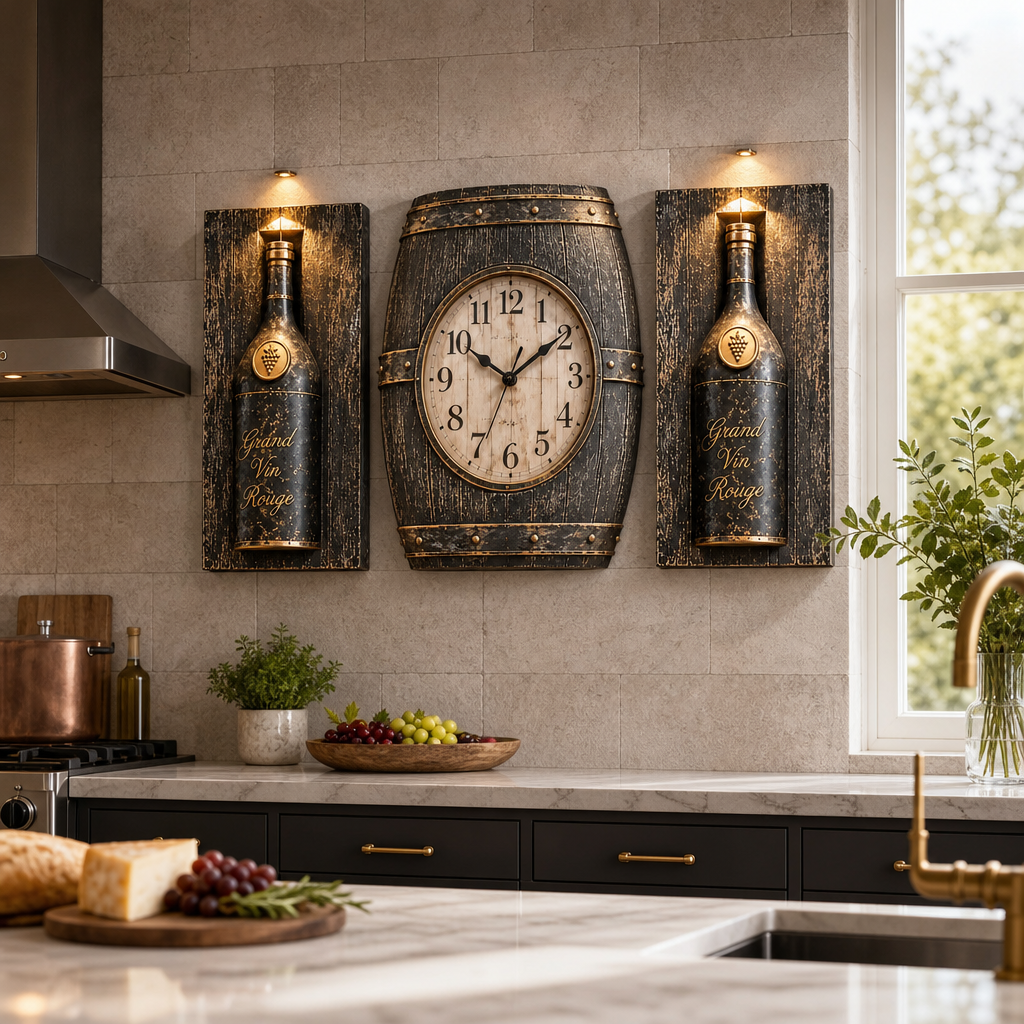 Set Decorativ de Perete Premium cu Ceas și 2 Panouri cu Sticlă de Vin, Design Rustic 3D – 3 Piese