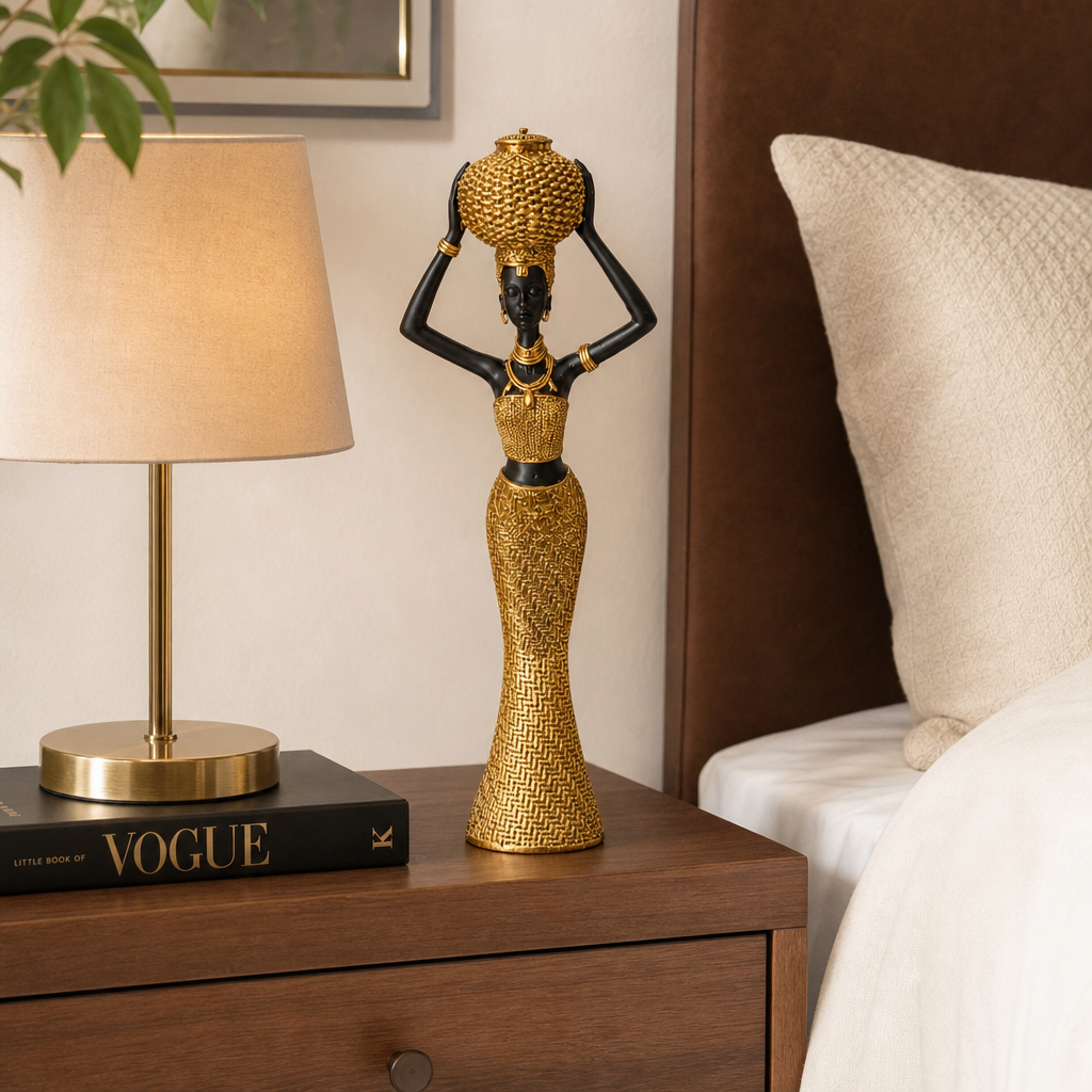 Statueta decorativa femeie africana cu vas, design elegant, rasina, stil etnic modern, decor interior premium, 28x10 cm