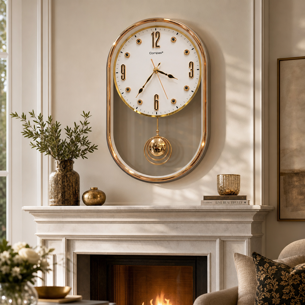 Ceas de Perete Premium cu Pendul Decorativ, Design Elegant Auriu, Formă Ovală – 57 × 30 cm - in context de utilizare