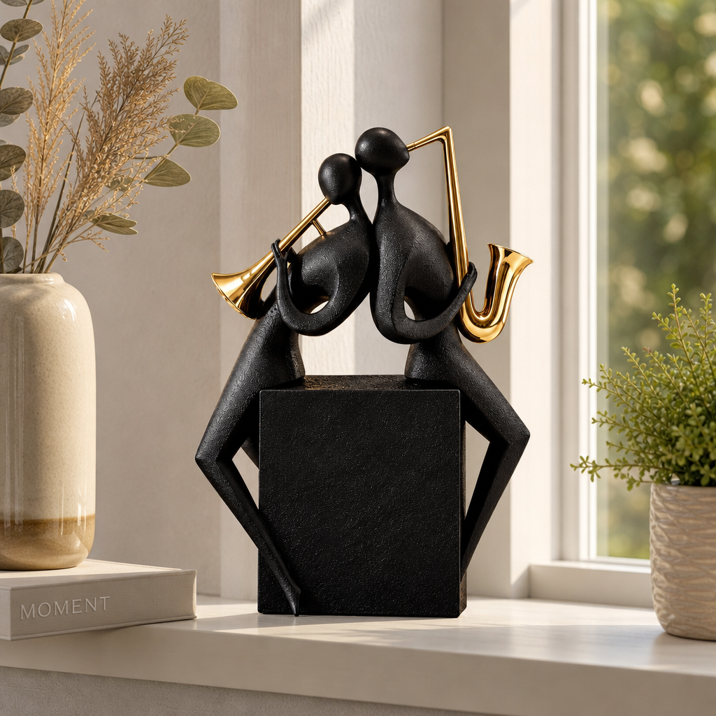 Statuetă Decorativă Premium „Cuplu de Muzicieni”, cu Trompetă și Saxofon, Negru-Auriu, din Rășină – 20,8 × 9 × 21,5 cm - in context de utilizare