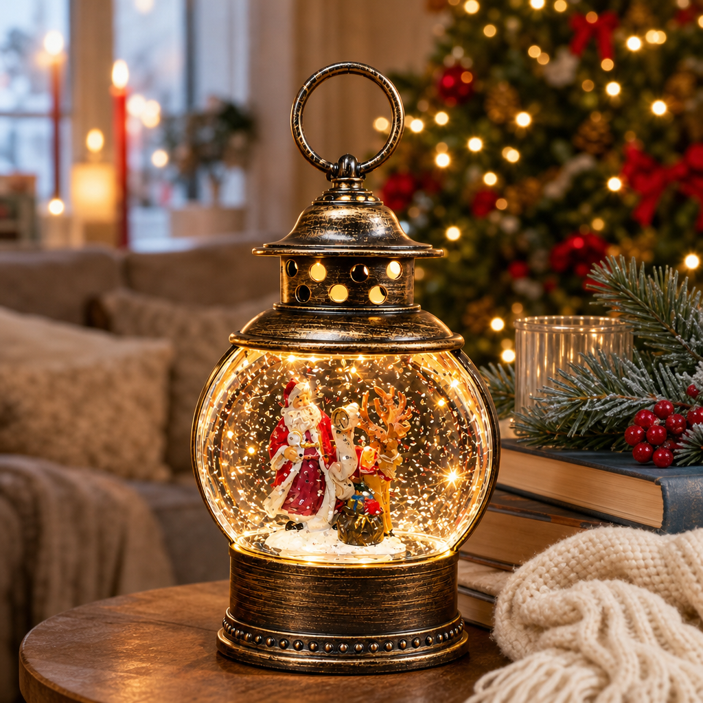 Felinar Decorativ Premium de Crăciun cu Moș Crăciun, Muzică, Lumină Caldă LED și Efect de Ninsoare – 20 × 11 cm - in context de utilizare