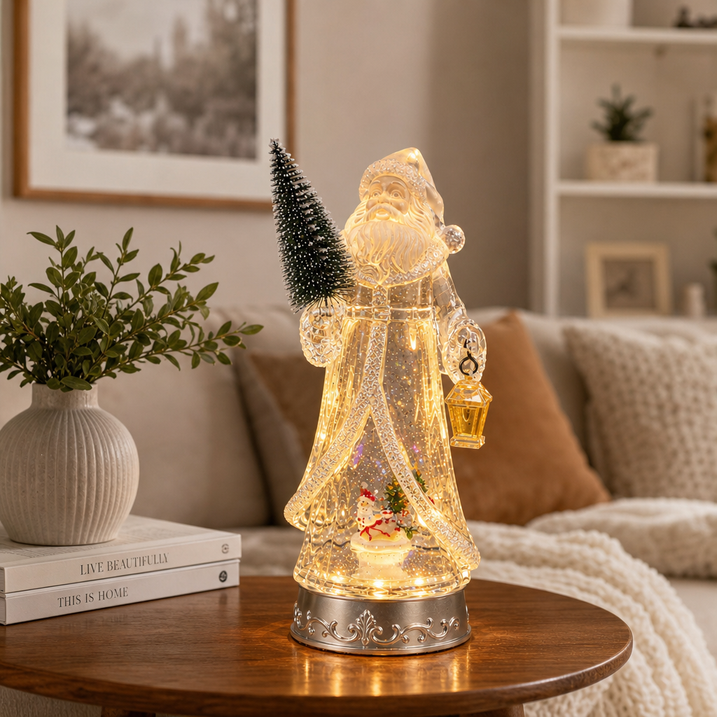 Decorațiune Premium Moș Crăciun Luminos cu Brad, Felinar și Efect Strălucitor – 30 cm - in context de utilizare