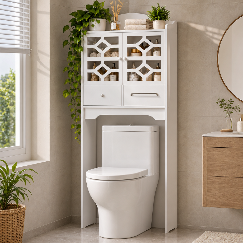 Dulap Organizator pentru Baie din PVC, cu Rafturi, 2 Uși și Sertar – Etajeră de Depozitare deasupra Vasului WC, Alb, 151 x 48 cm - in context de utilizare