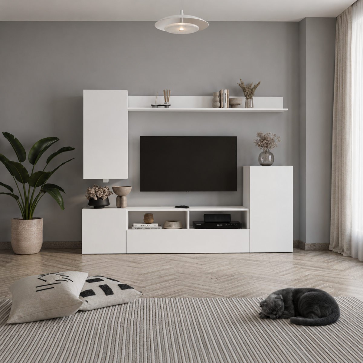 Comoda TV 210x38x90,4 cm, cu dulap suspendat, pentru living