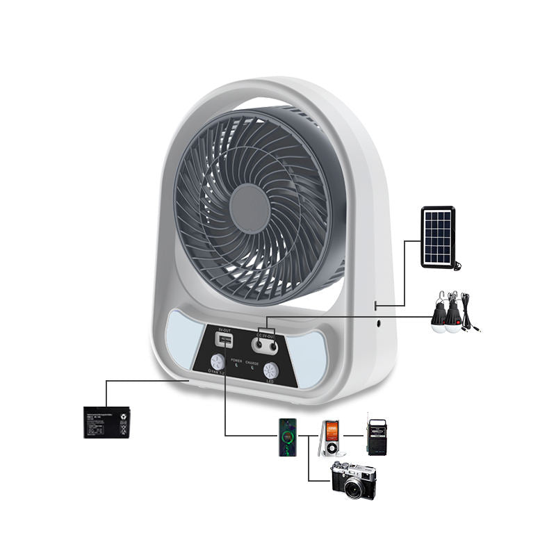 Ventilator solar, 15/20 cm, cu 2 becuri incluse, functie de powerbank, din ABS, cu USB, alb/gri