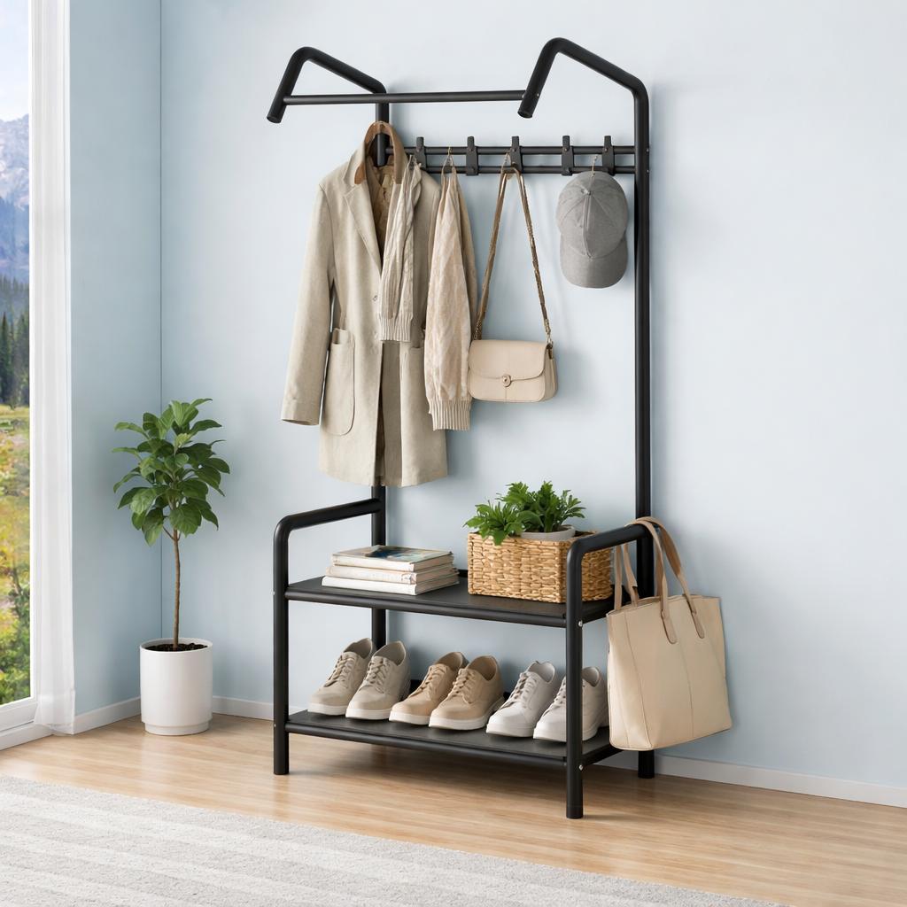 Suport haine metalic 2 in 1 cu polita pentru incaltaminte, 166x60x32 cm