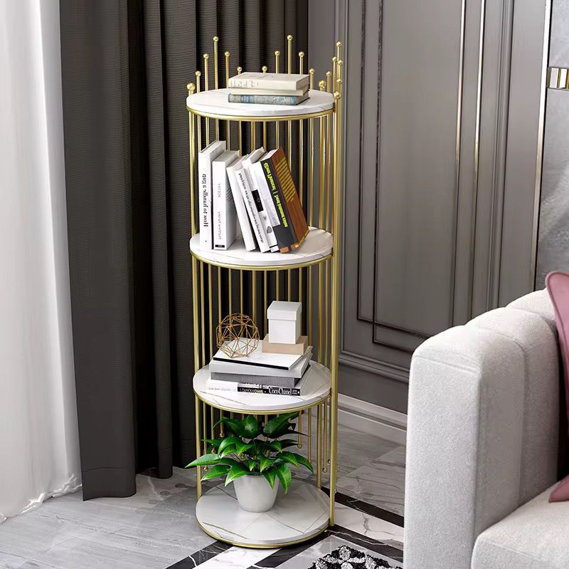 Etajera decorativa rotunda cu 4 niveluri, cadru auriu si polite albe, 32 x 32 x 95 cm - detaliu produs
