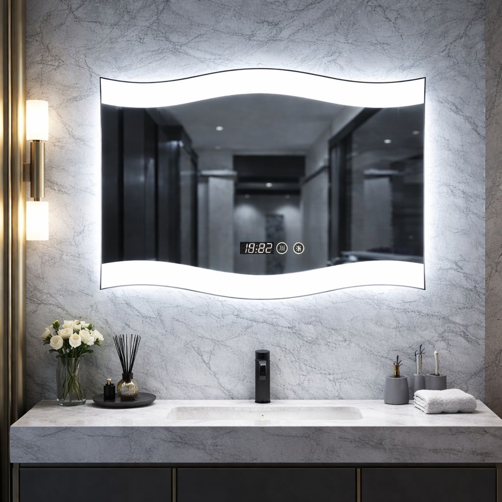 Oglinda LED 60 x 80 cm cu Design Ondulat, Ceas si Dezaburire