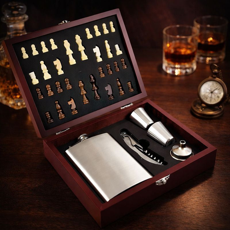 Set cadou sah cu recipient buzunar, 2 shot-uri, tirbuson, inox
