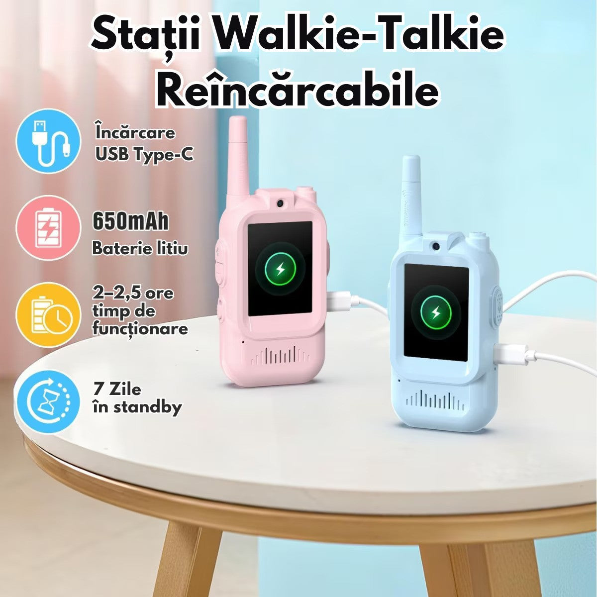 Set 2 Walkie Talkie VisionHub cu Video 480P HD Ecran 2.0 Inch Raza 300m Roz Albastru - detaliu produs