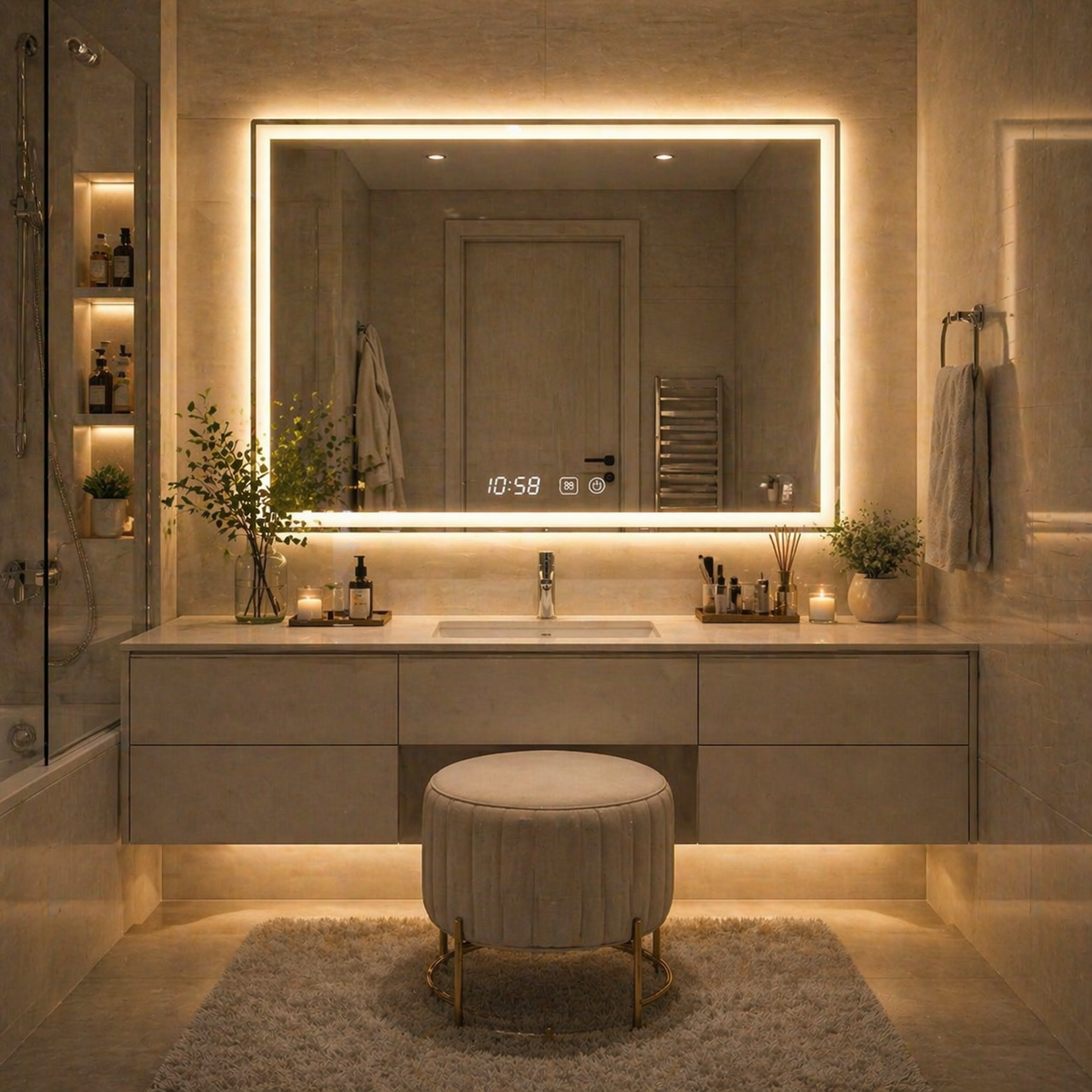 Oglinda LED 90 x 70 cm cu Afisaj Digital si Dezaburire – Design Modern pentru Baie