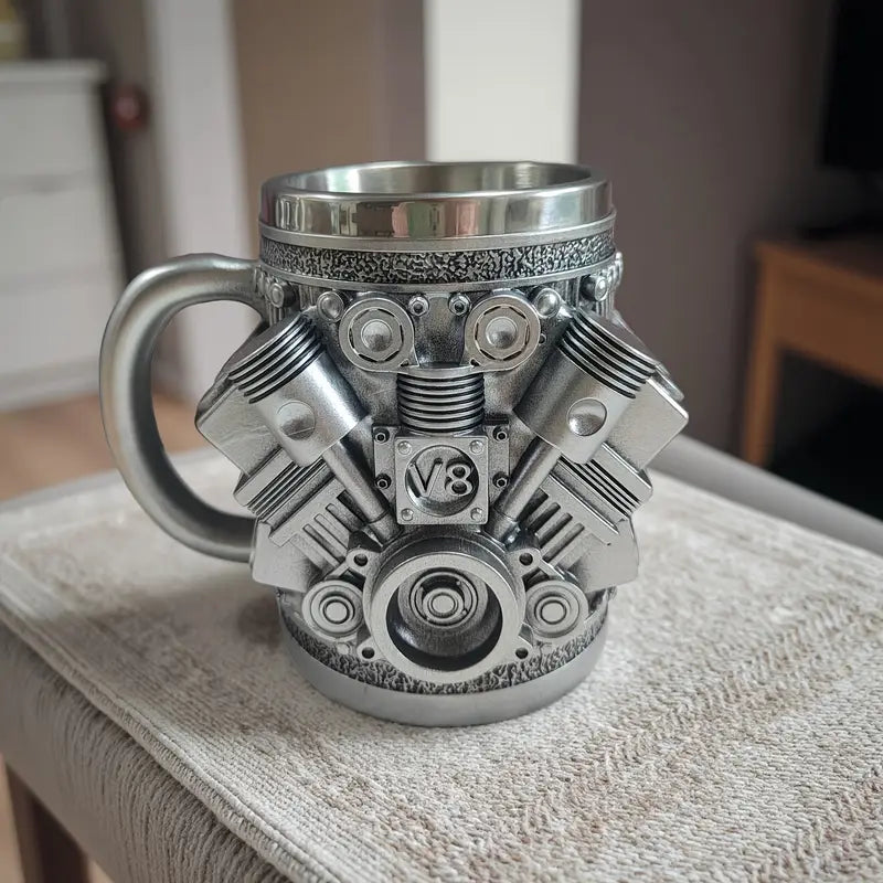 Cana V8 Engine 200 ml din otel inoxidabil cu design motor 3D mecanic