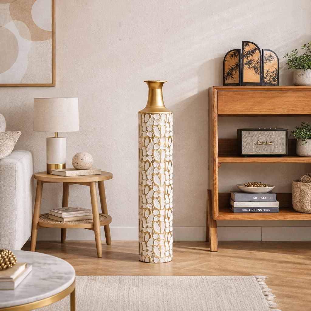 Vaza decorativa de podea 71 cm din metal alb si auriu model floral elegant