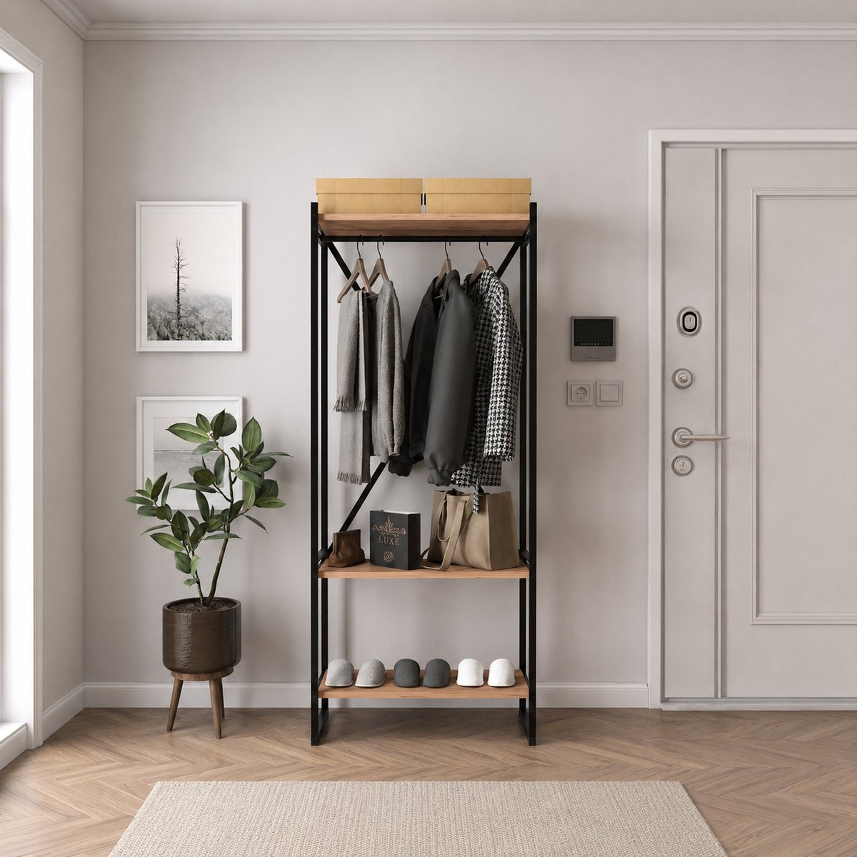 Cuier metalic cu suport pentru pantofi si rafturi, 66 x 34 x 159,8 cm