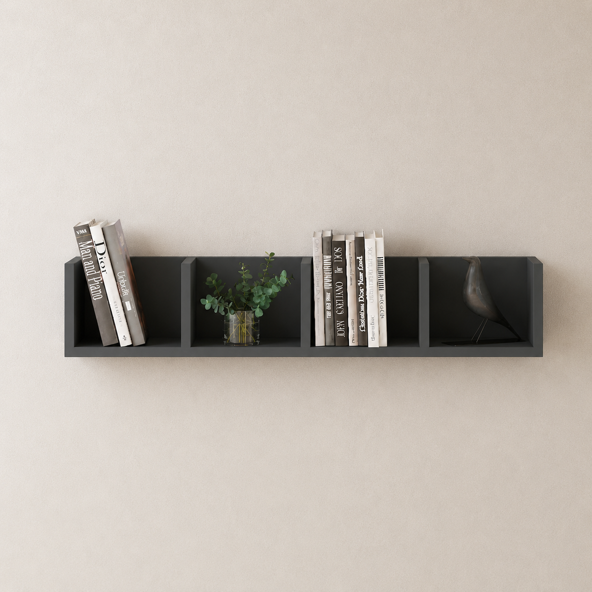 Raft suspendat din PAL 90,5x17,8x17 cm, cu 4 compartimente, pentru carti si decoratiuni