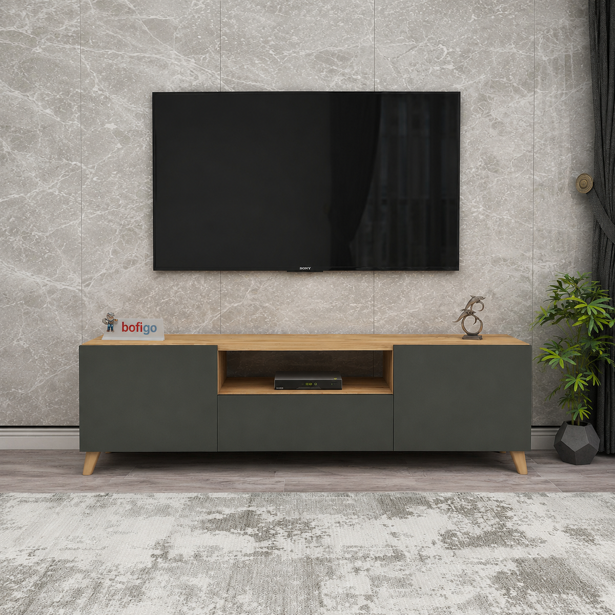 Comoda TV living 60 x 31,8 x 44,8 cm cm, 2 usi rabatabile soft-close, PAL melaminat 18 mm clasa E1, stil scandinav