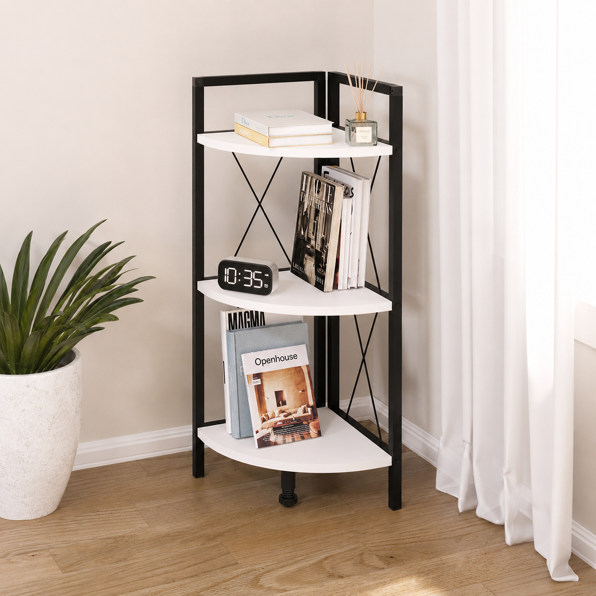 Etajera de colt din PAL si metal 33,5x33,5x87,3 cm, cu 3 rafturi, pentru living, baie sau birou
