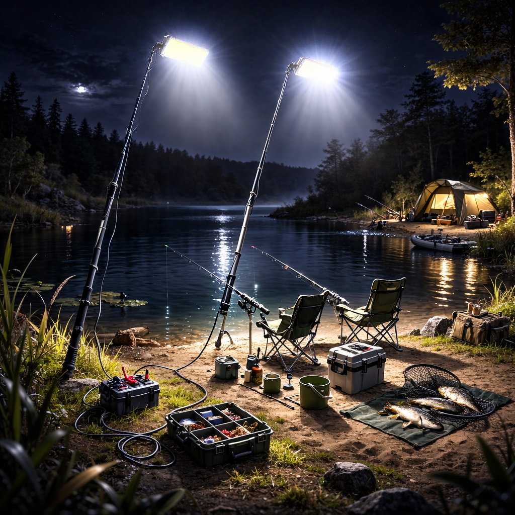 Kit Nocturna eLIVE FR-04, Proiector Camping LED 47W 4558lm, Waterproof, Brat Telescopic Ajustabil 4,5m, 3 Adaptoare 220V, Telecomanda, Geanta Transport