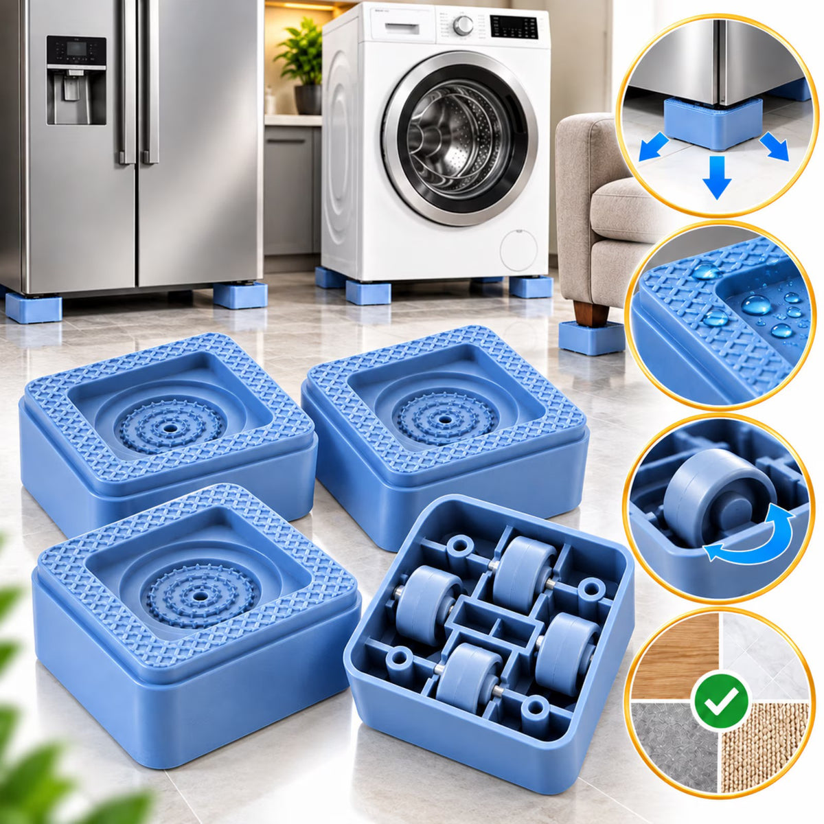 Universal Set 4 Picioare Inaltatoare Antiderapante cu Roti Integrate pentru Masina de Spalat Frigider Mobilier 7.5x4 cm Albastru - imagine principala
