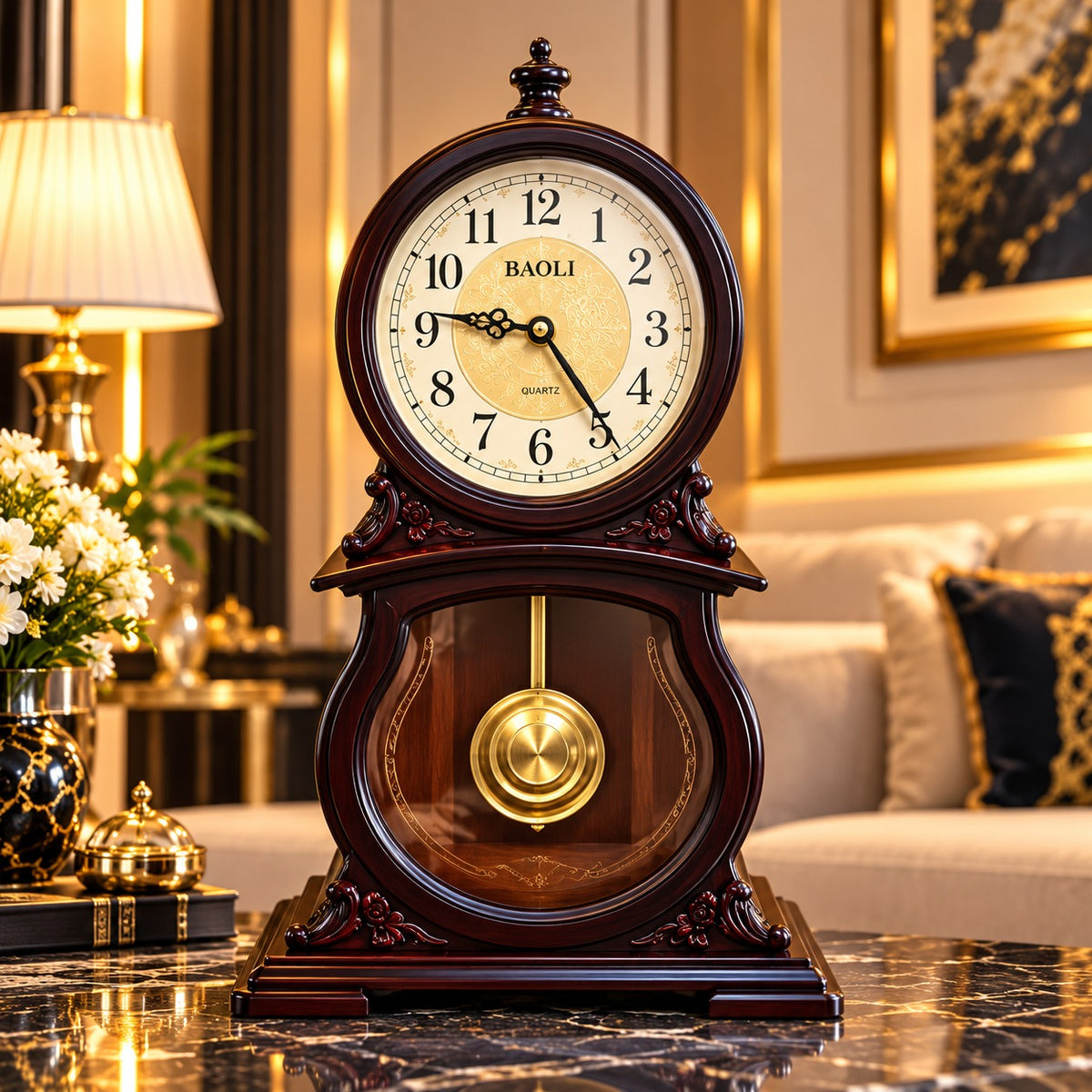 Ceas de Masă Premium cu Pendul Auriu, Cadran Decorativ și Design Clasic Elegant – 40 × 35 cm - detaliu produs