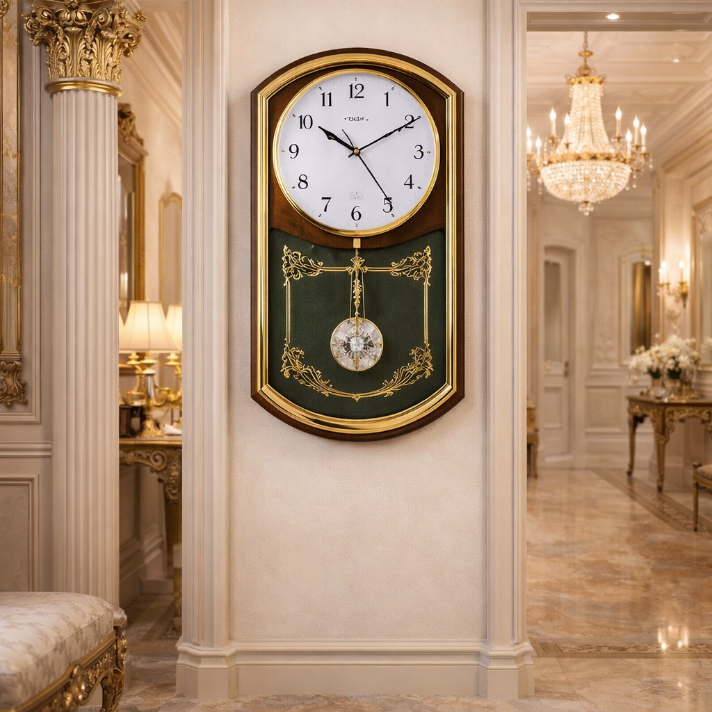 Ceas de perete elegant, stil clasic, pendul decorativ, finisaj lemn cu accente aurii, design rafinat, dimensiuni 33x21 cm