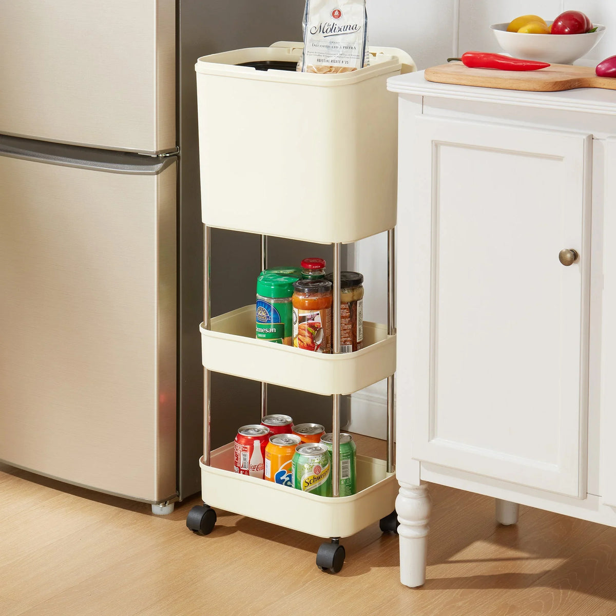 Carucior multifunctional cu cos de gunoi, 3 niveluri cu roti 360°, 78.5 x 24 x 17 cm