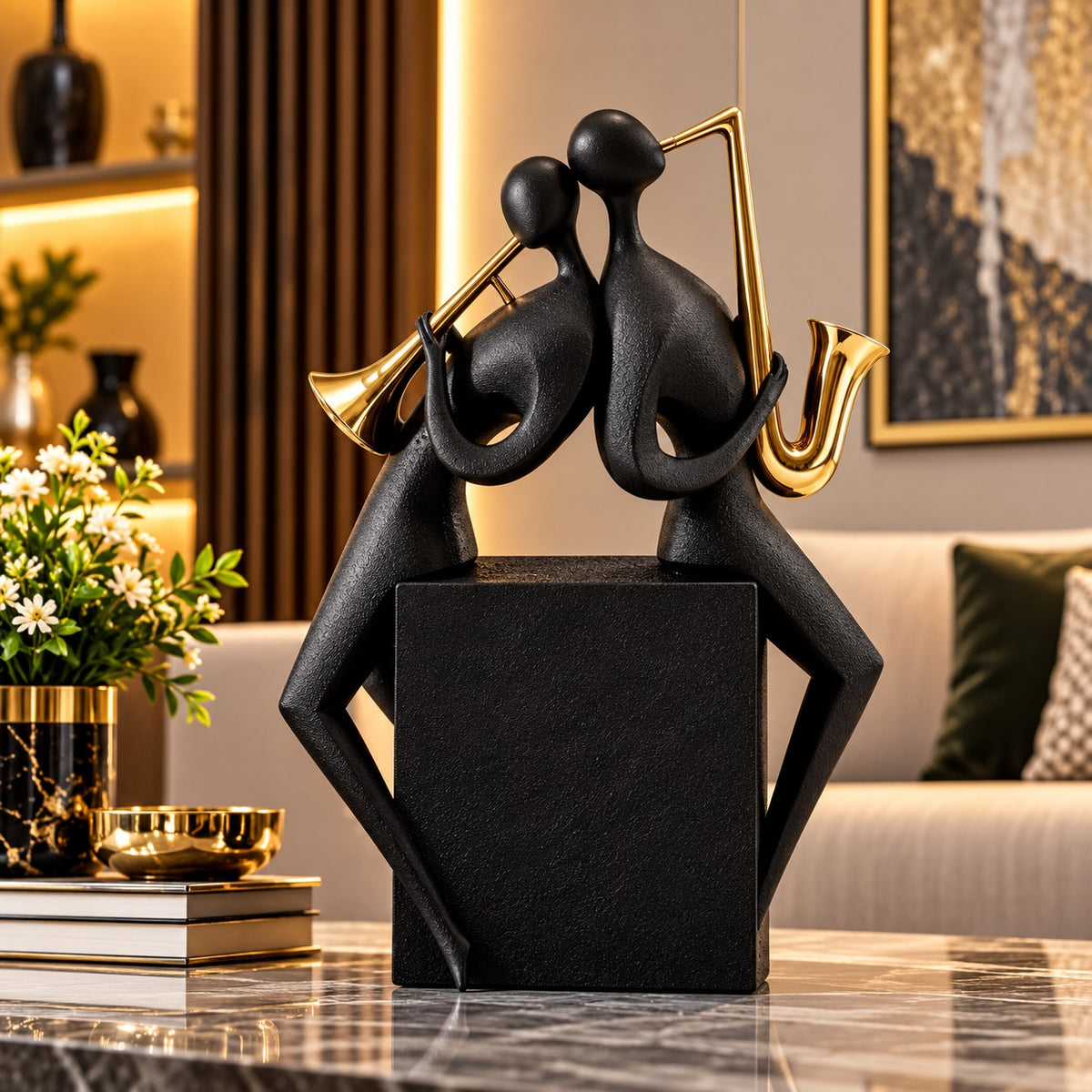 Statuetă Decorativă Premium „Cuplu de Muzicieni”, cu Trompetă și Saxofon, Negru-Auriu, din Rășină – 20,8 × 9 × 21,5 cm - imagine principala