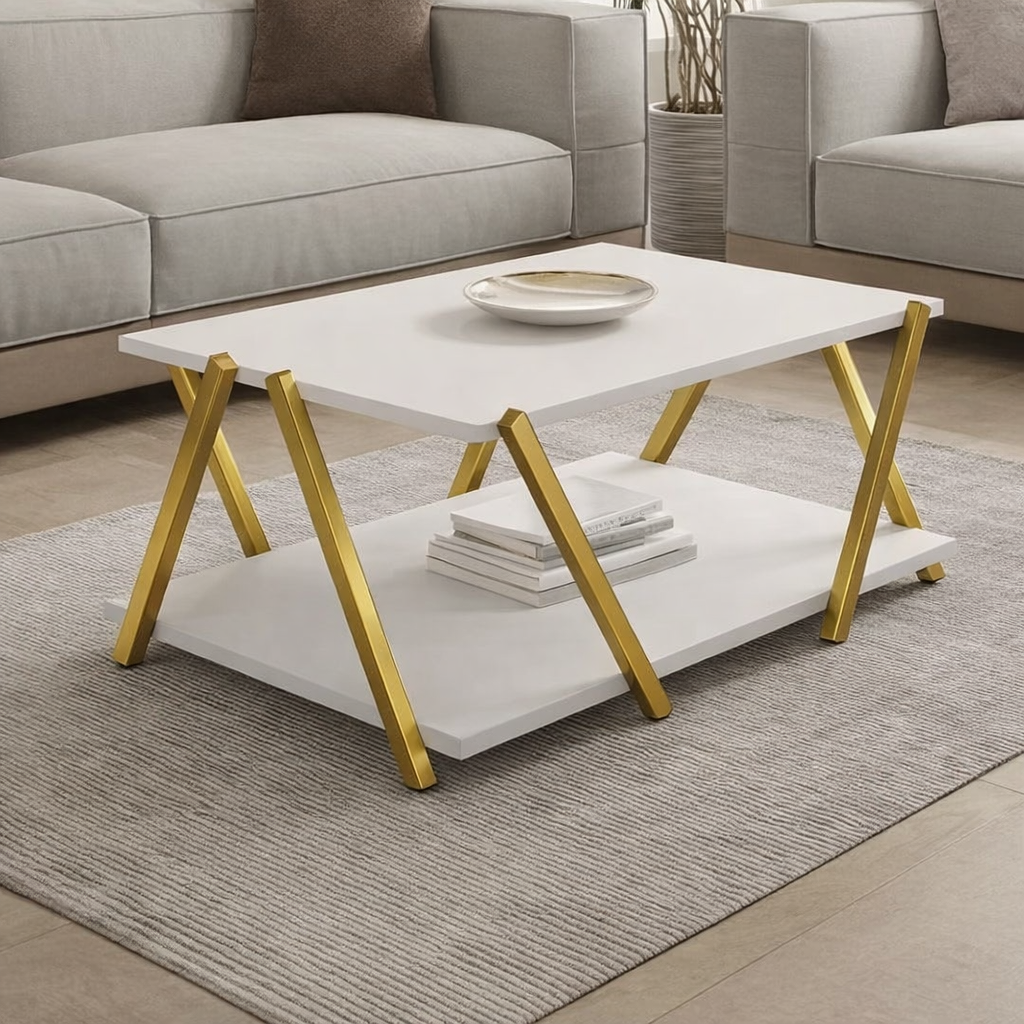 Masuta cafea moderna alba cu picioare metalice aurii 93.5x63.5x41 cm cu polita depozitare