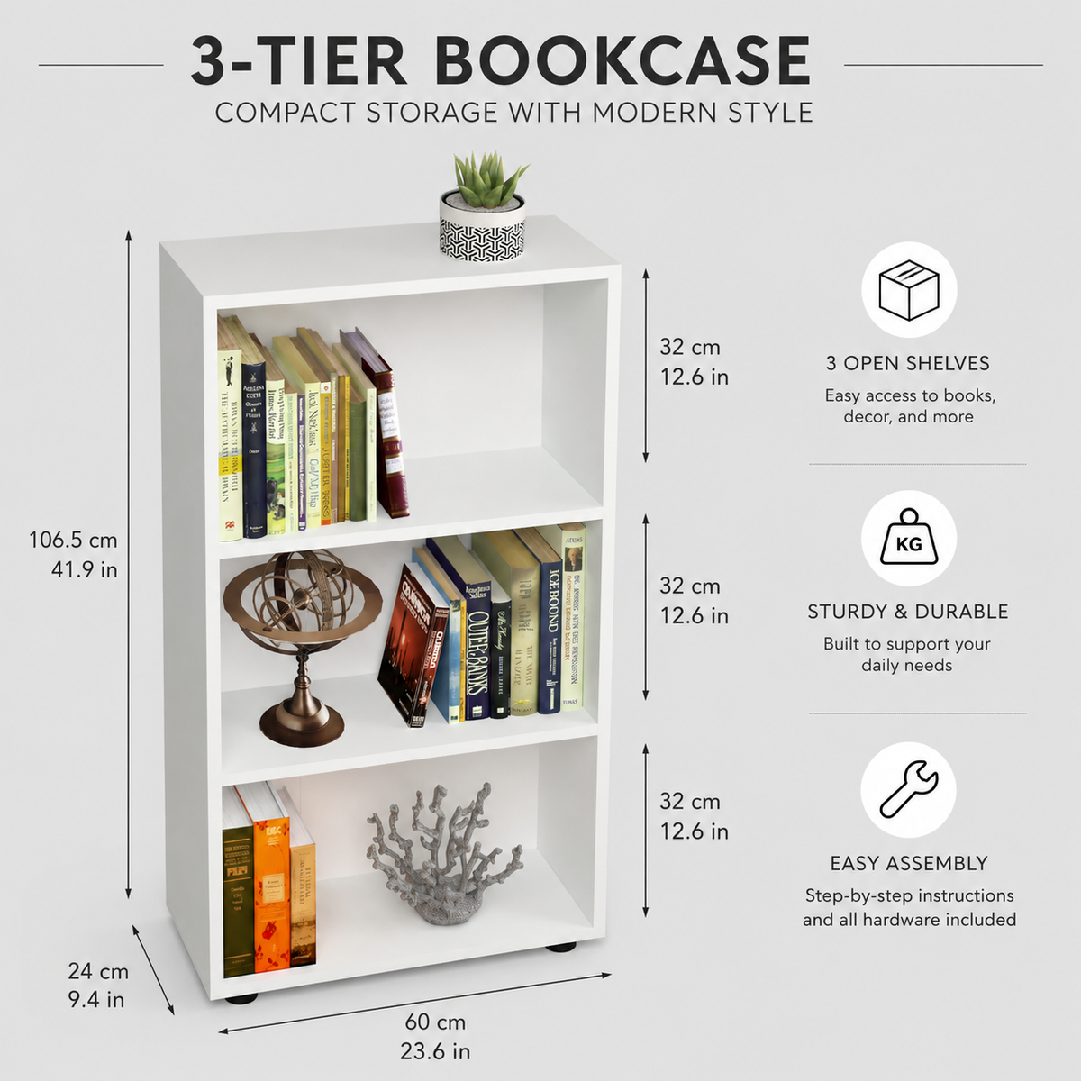 Biblioteca din PAL 55,3x20x106,2 cm, cu 3 rafturi, pentru carti si decoratiuni