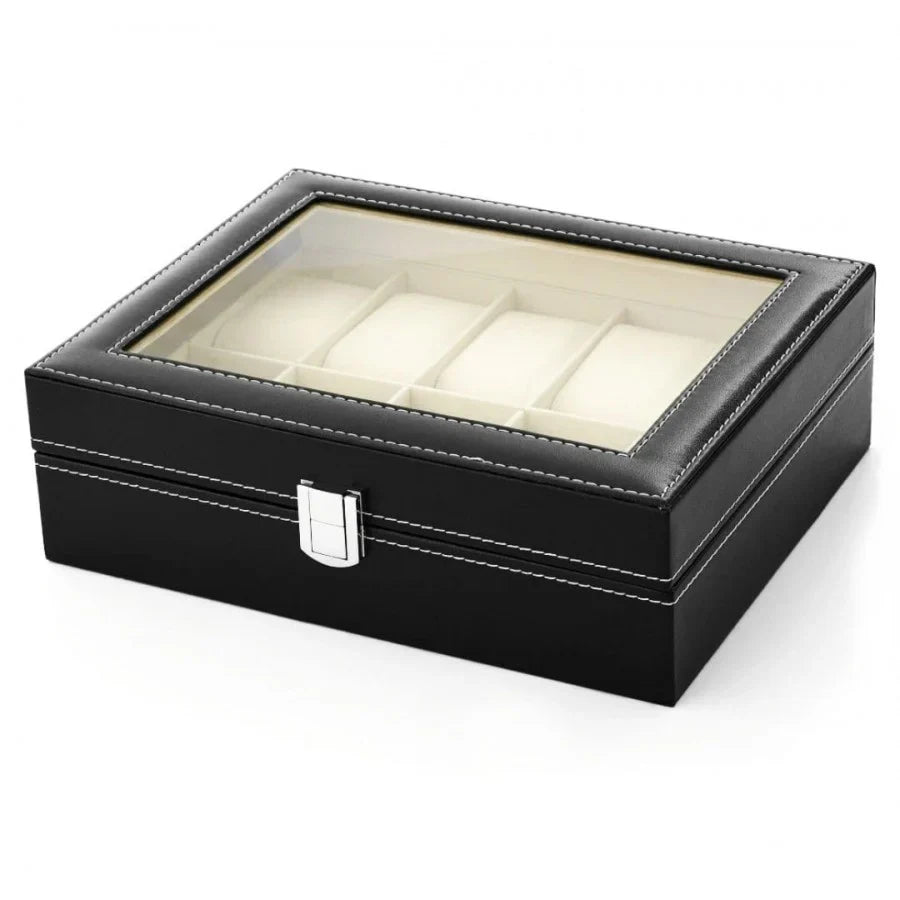 Cutie ceasuri, Piele ecologica, Pentru 10 ceasuri, 25 x 20 x 8 cm, Negru/Crem