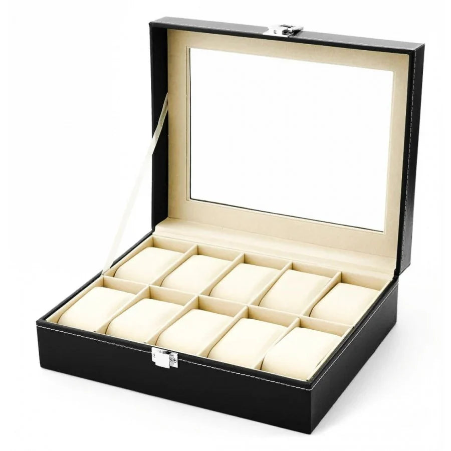 Cutie ceasuri, Piele ecologica, Pentru 10 ceasuri, 25 x 20 x 8 cm, Negru/Crem