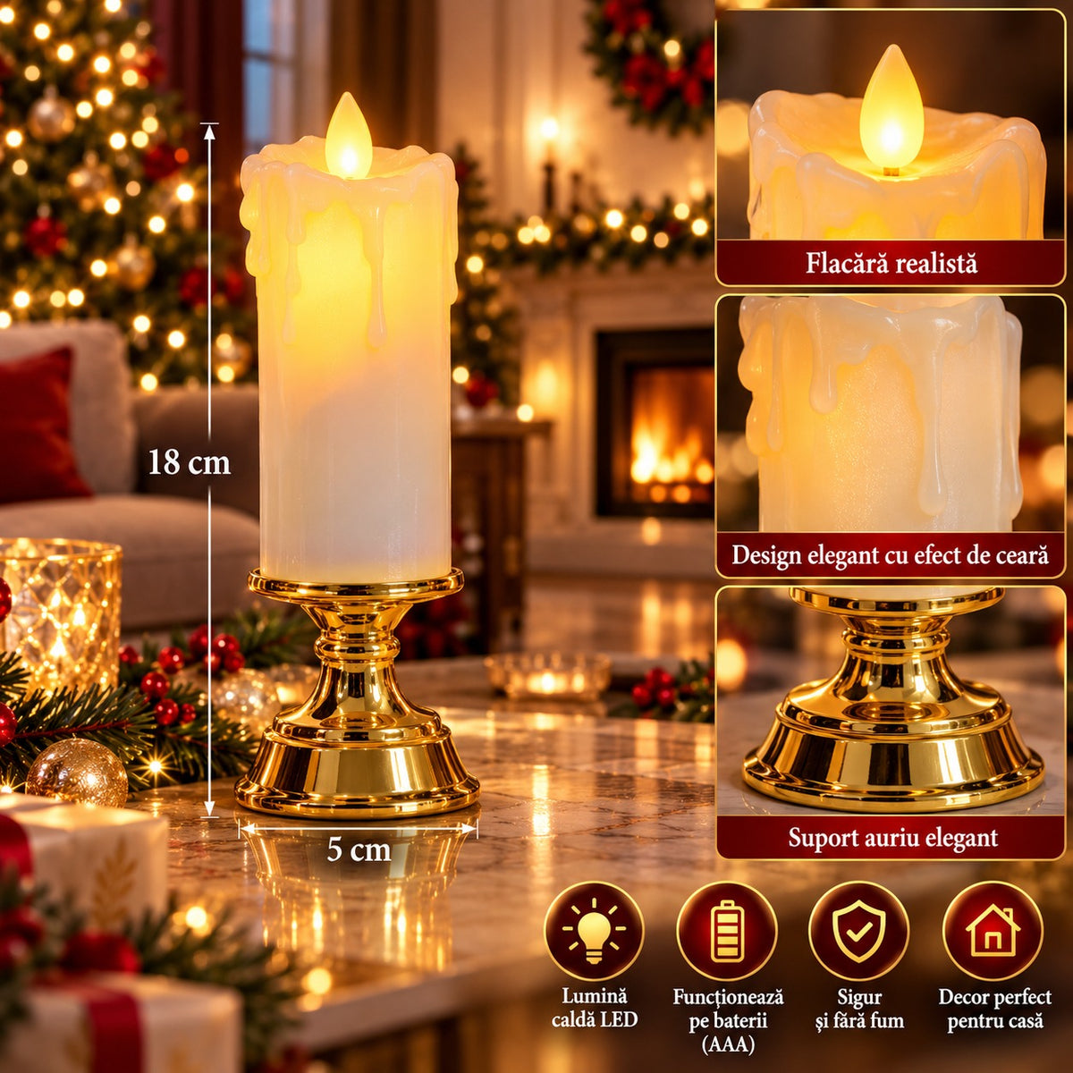 Lumânare LED Premium cu Flacără Realistă, Efect de Ceară Topită și Suport Auriu Elegant – 18 × 5 cm - detaliu produs
