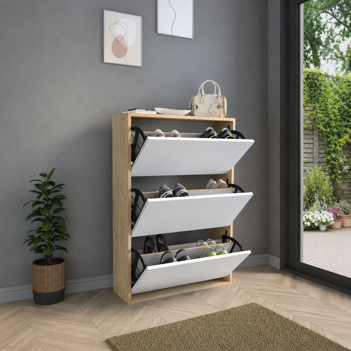 Pantofar cu usa rabatabila si rafturi glisante, 3 compartimente, PAL melaminat de 18 mm, 110 x 73,5 x 22 cm