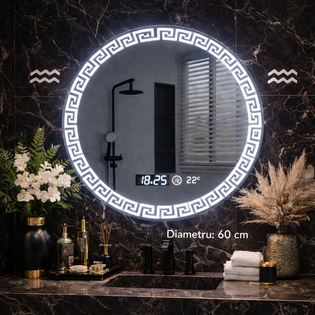 Oglinda LED baie cu iluminare ambientala, functie anti-aburire, ceas si temperatura, 60 cm