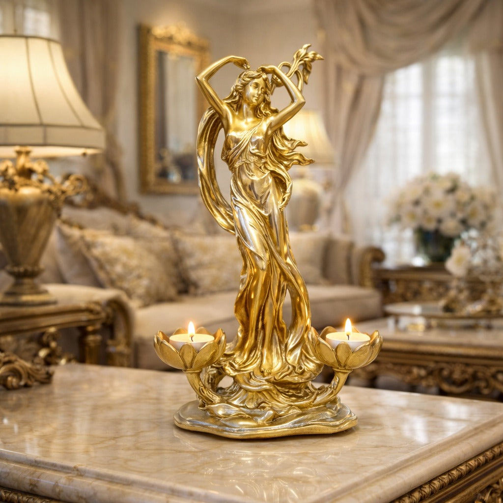 Suport decorativ lumanari, statueta femeie in miscare, rasina, finisaj auriu, design artistic lux, 30x20 cm