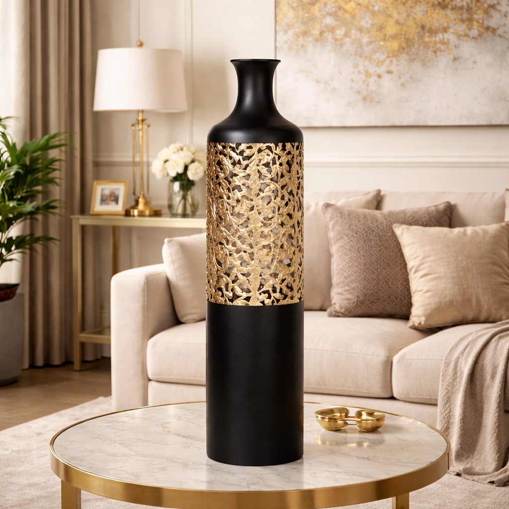 Vaza decorativa eleganta negru mat cu insertie aurie 15.5 x 73 cm