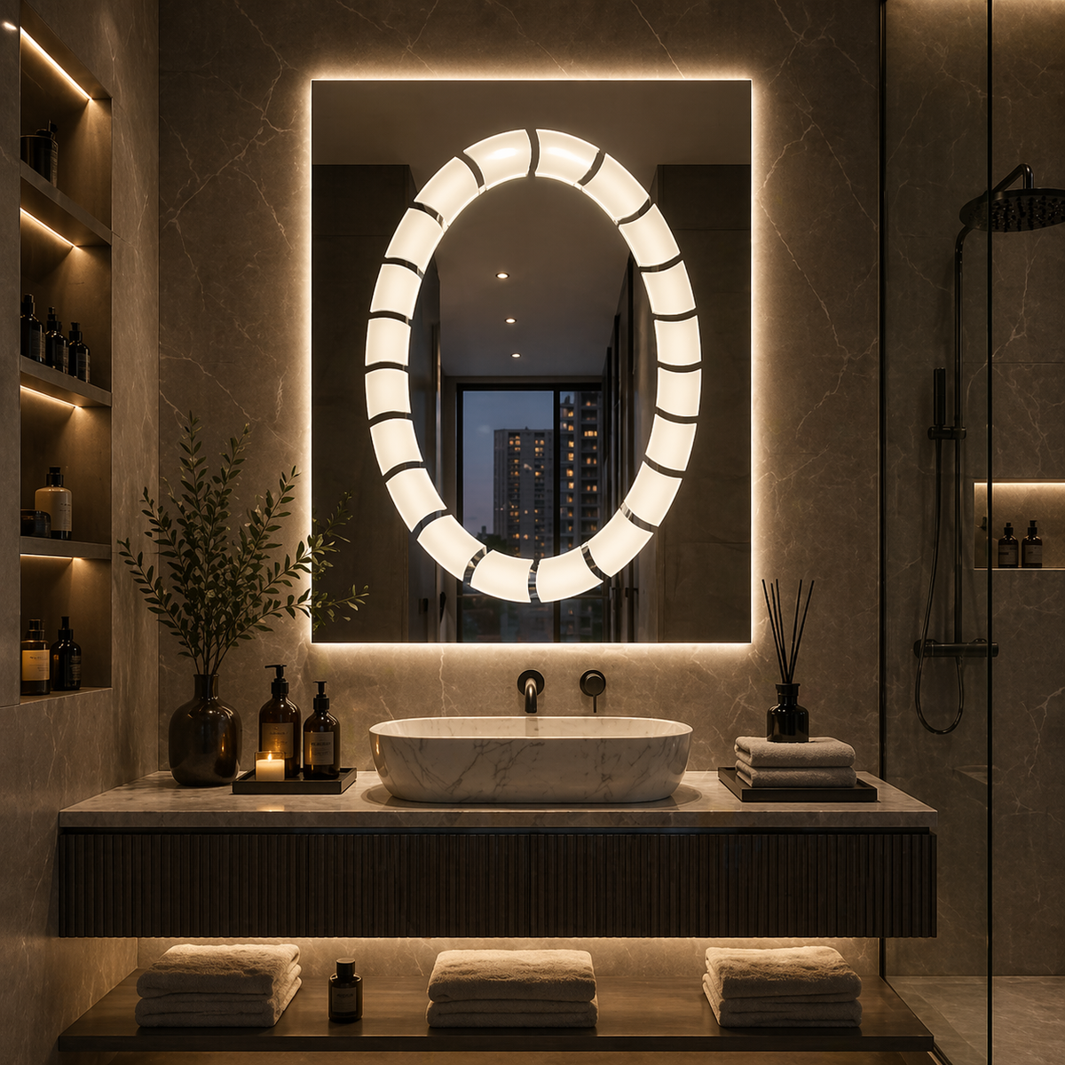 Oglinda led ovala premium 60x80, cu touch, dezaburire si lumina reglabila
