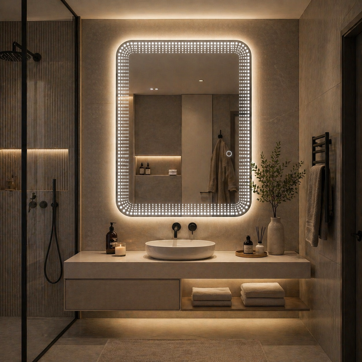 Oglinda LED Touch 90x70 cm iluminare 3 culori design modern rama aluminiu