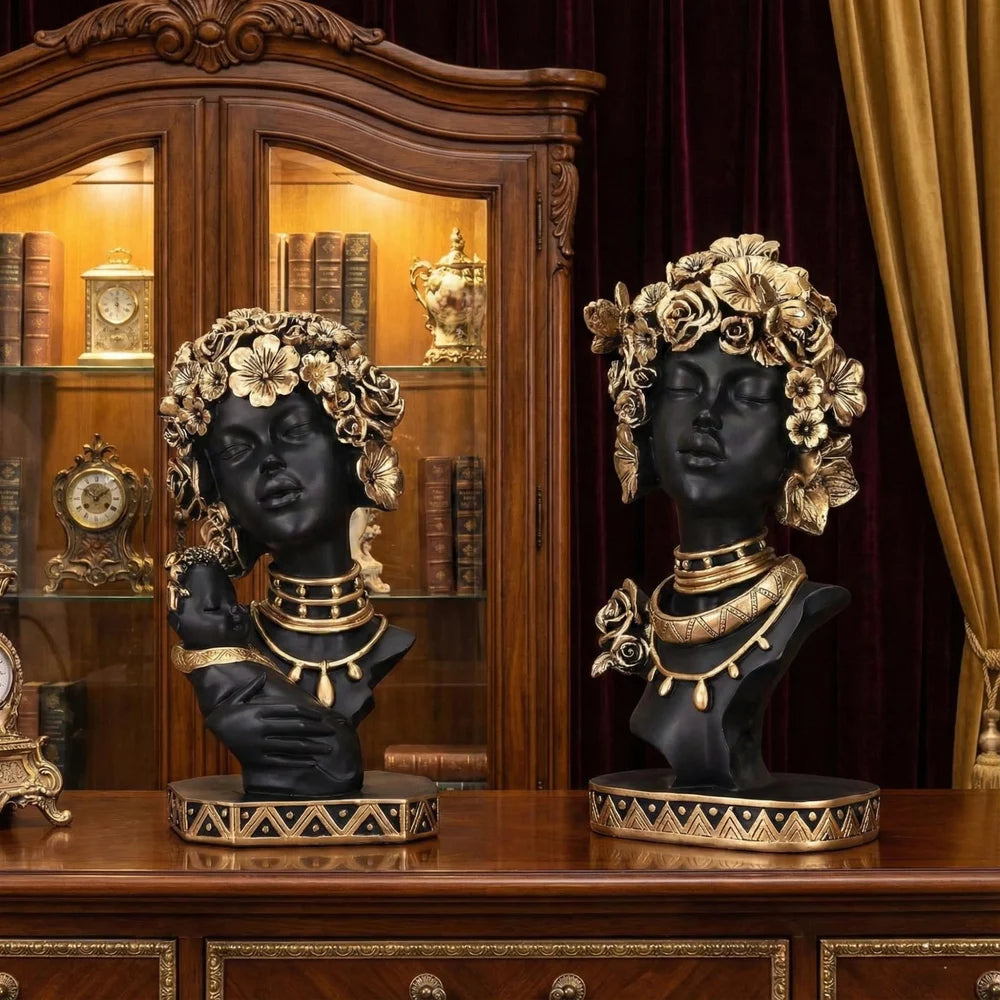 Statueta Africana Bust Negru Auriu Decorativ Raze Flori Trandafiri Luxury 35cm - detaliu produs