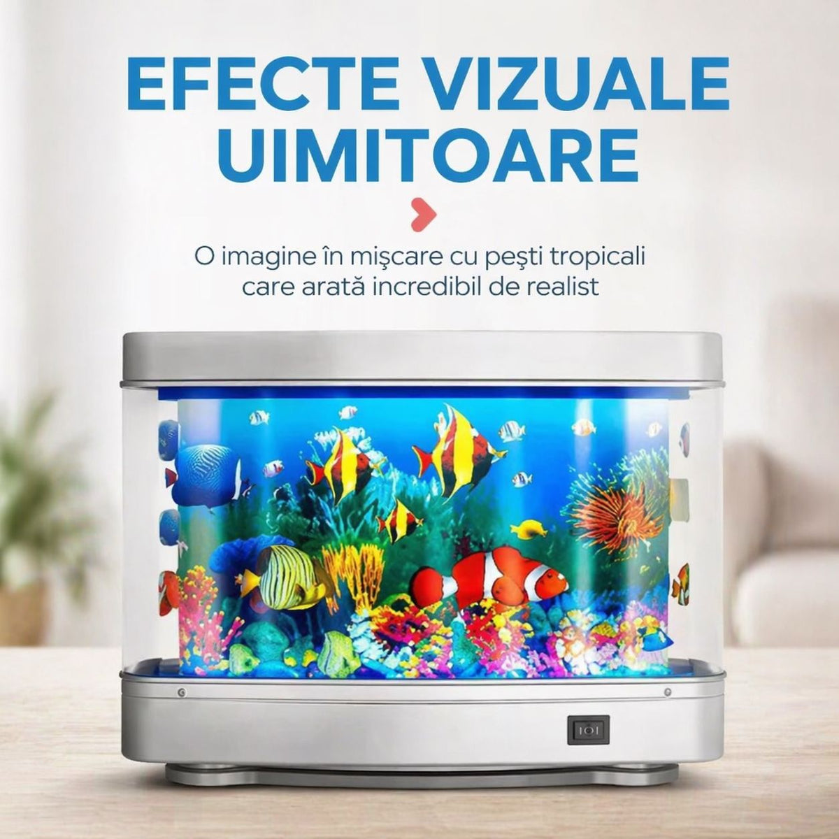 Lampa decorativa tip acvariu LED – efect realist cu pesti in miscare, 30x23x7 cm