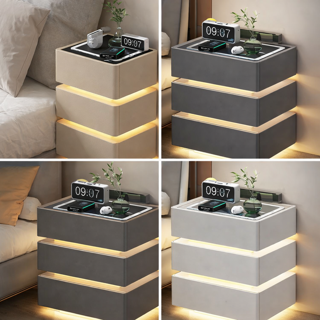 Noptiera inteligenta multifunctionala cu 3 sertare, LED tactil 3 culori, incarcare wireless, difuzor Bluetooth, incarcare USB, blat din sticla securizata,