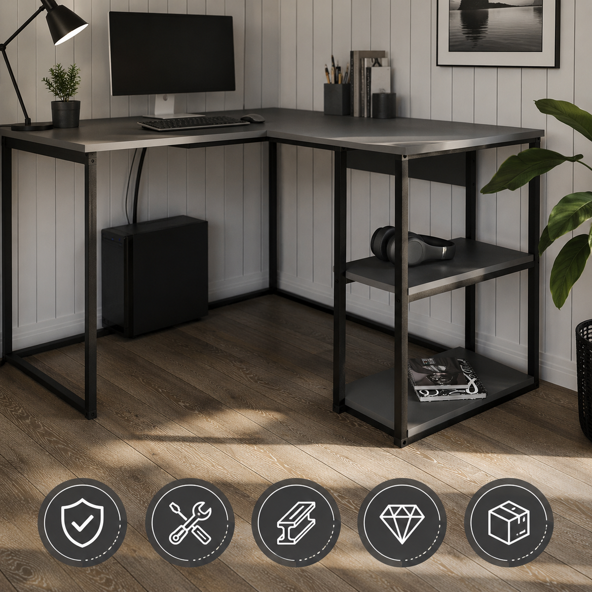 Birou de colt in forma L 140x147,8x73,8 cm, cu rafturi integrate si cadru metalic, pentru home office sau birou
