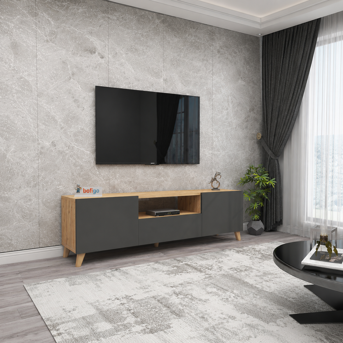 Comoda TV living 60 x 31,8 x 44,8 cm cm, 2 usi rabatabile soft-close, PAL melaminat 18 mm clasa E1, stil scandinav