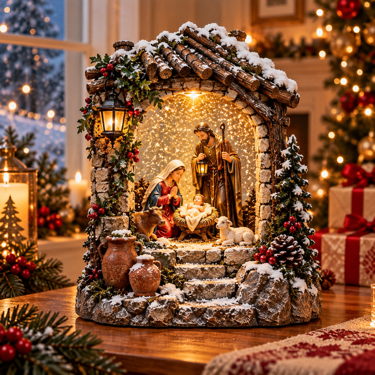 Decorațiune de Crăciun Premium cu Nașterea Domnului, Iluminare Caldă și Efect de Ninsoare în Mișcare – 19,5 × 11,5 × 25 cm - detaliu produs