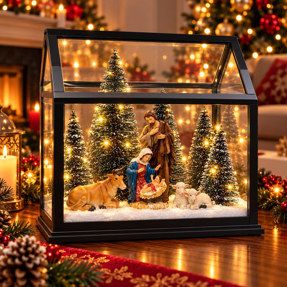 Decorațiune Premium de Crăciun „Sfânta Familie”, Casetă Luminoasă cu Brazi și Scenă Nașterea Domnului – 21 × 21 cm - detaliu produs