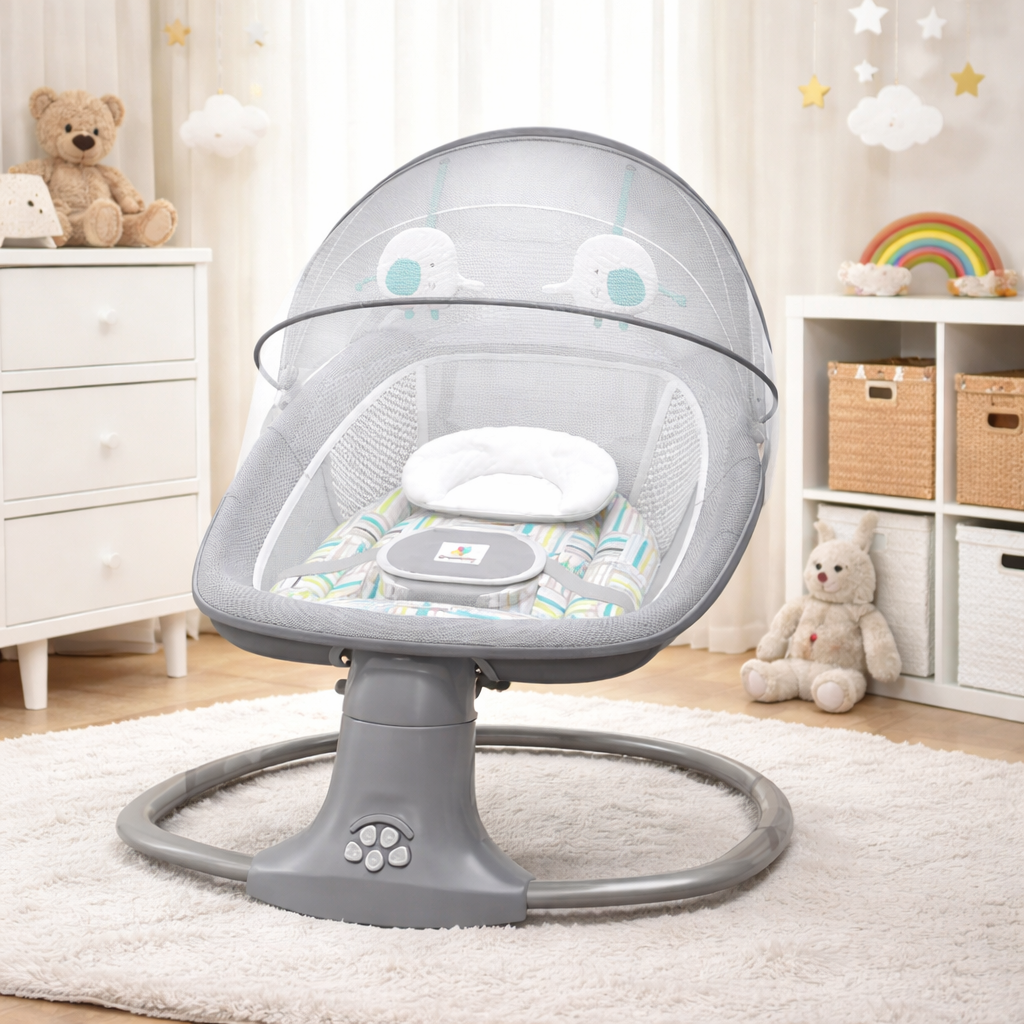 Balansoar copii 3 in 1, Electric, cu Plasa Tantari, Perna Detasabila, Jucarii, USB, Bluetooth, Telecomanda, 0-3 ani, Gri