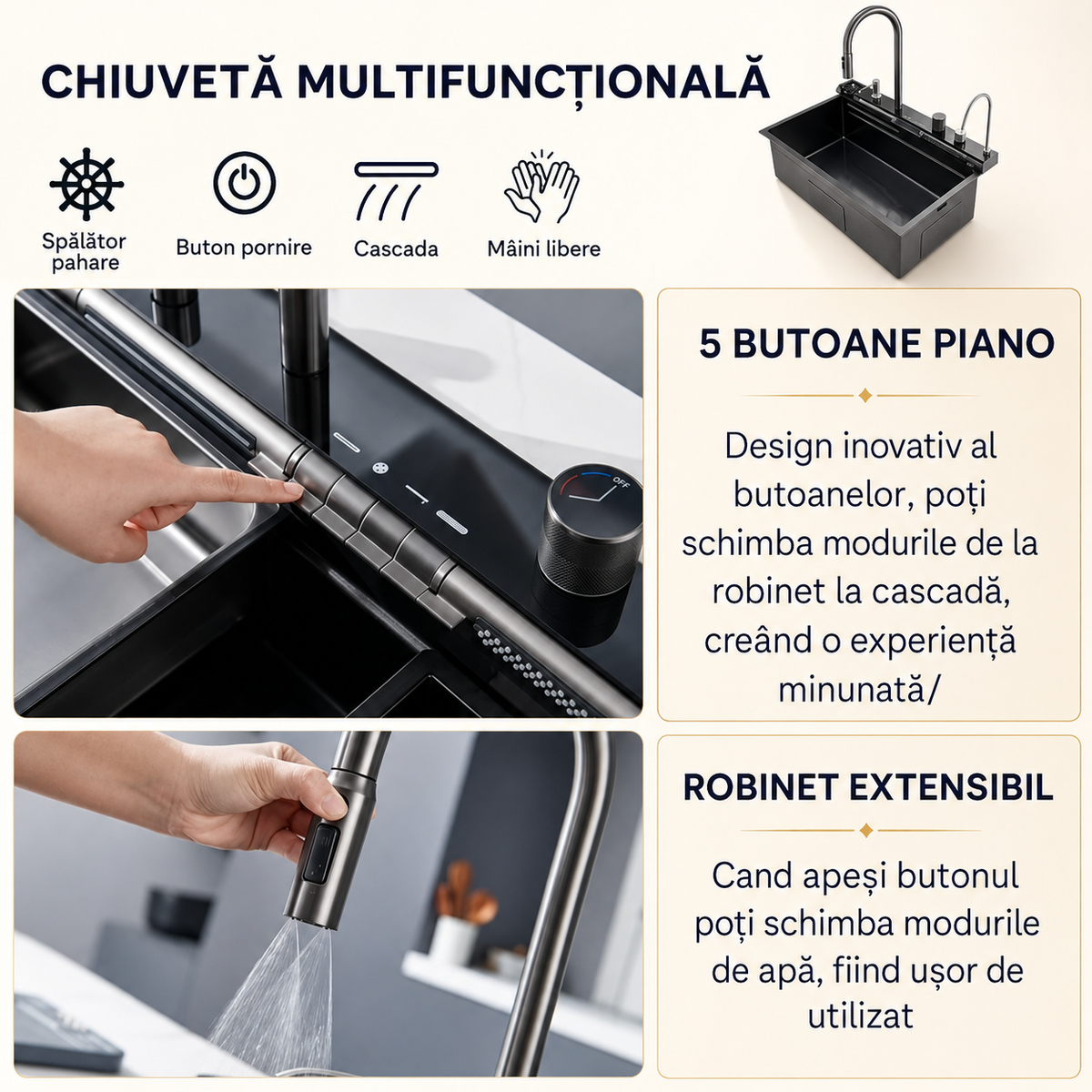 Set Chiuveta Bucatarie cu Afisaj LED Baterie Dus Extractibil 2 Cascade Otel Inoxidabil 750x450mm, Argintiu