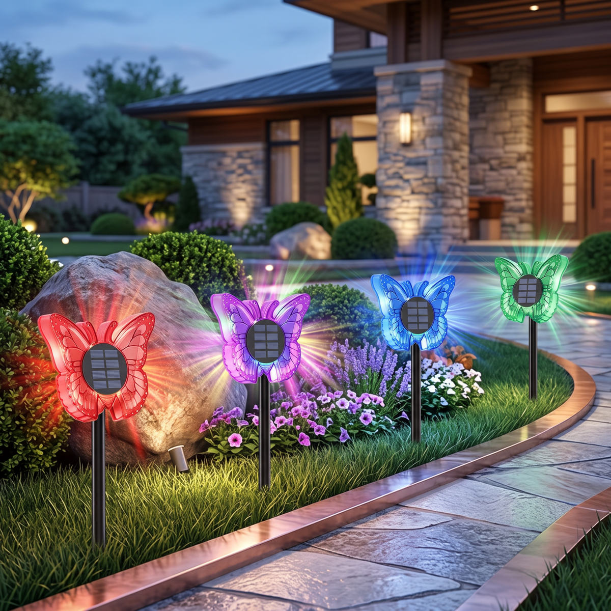 Set 2 Lampi Solare LED Fluture RGB 37cm Montaj Perete Sol IP65 5W 4 Culori - detaliu produs