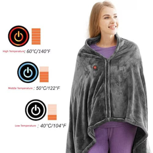 Patura electrica cu incalzire USB tip hoodie, 150x85cm, 3 niveluri de temperatura, gri