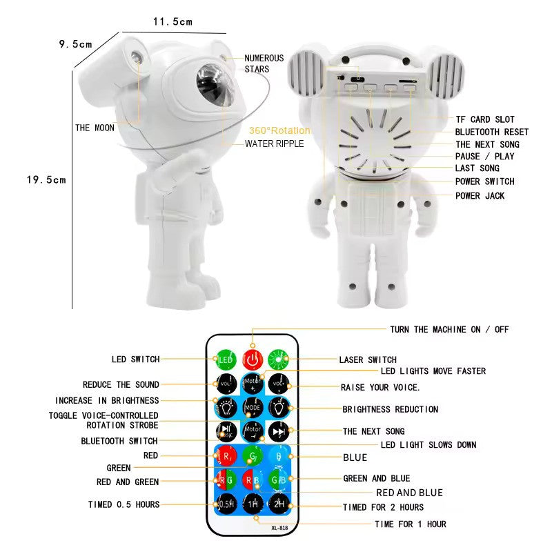 Proiector LED in forma de astronaut cu sunete si lumini, stickere autoadezive, conexiune Bluetooth